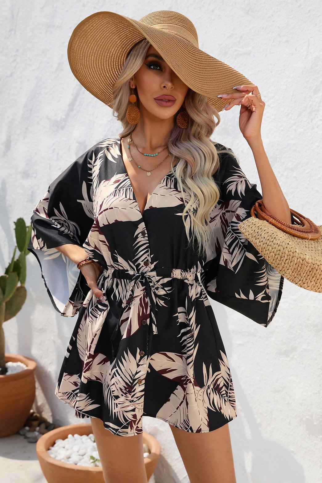 Tropical Printed Half Sleeve Mini Dress