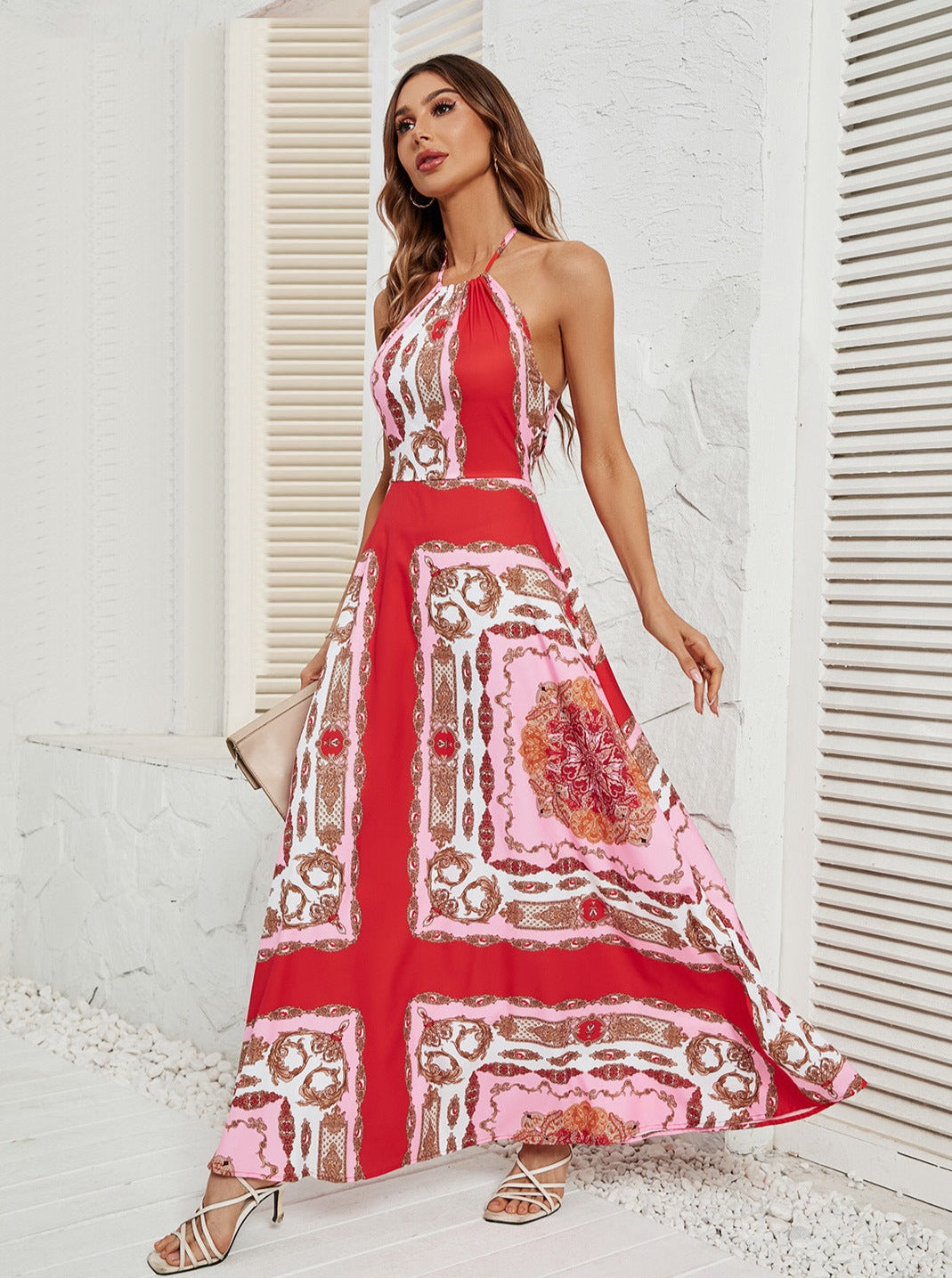 Red Printed Halter Neck Sexy Long Dress