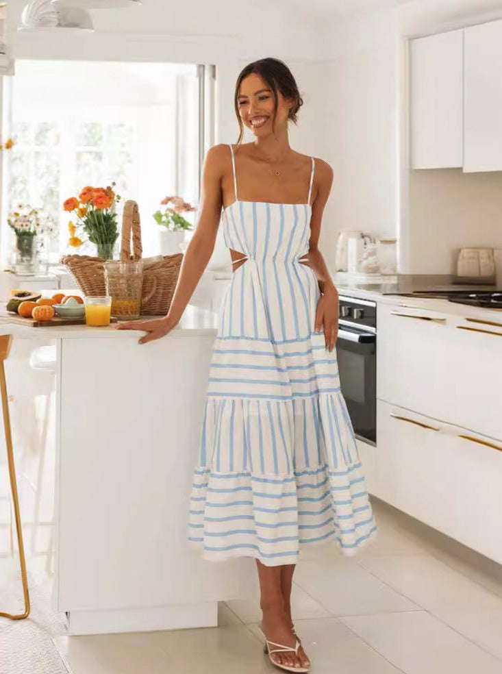 White and Blue Striped Cut Out Sides Sundress