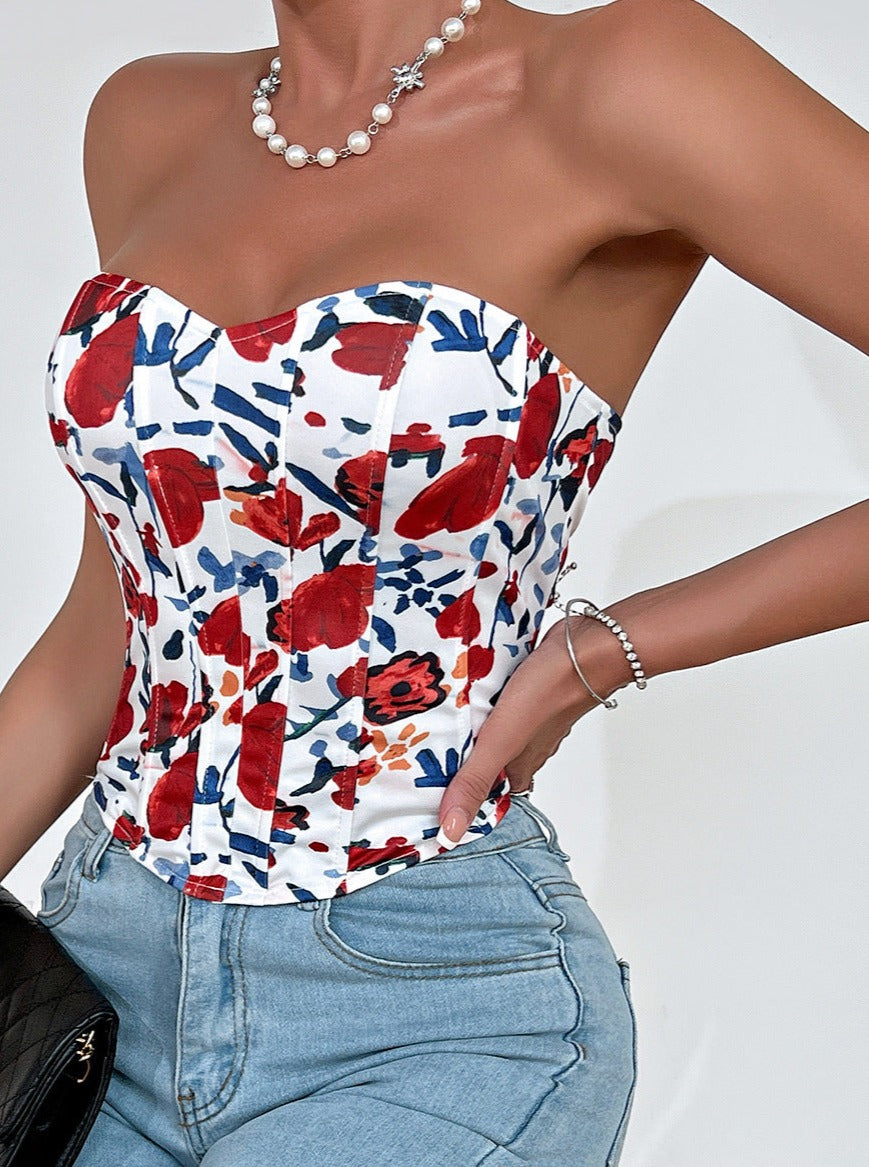 Sexy Low-Cut Red Flower Wrapped Chest Fishbone Waist Top
