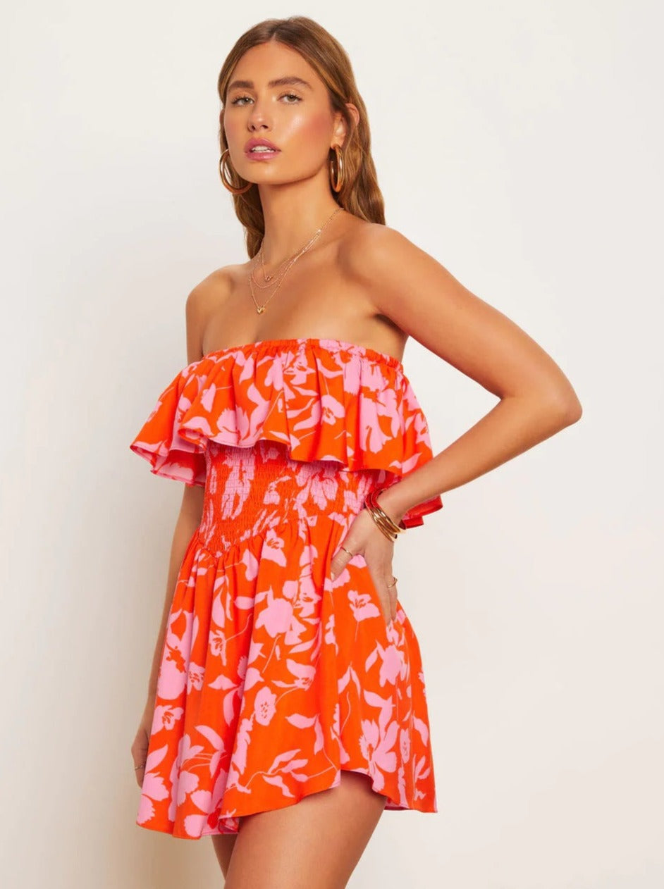 Red Strapless Tropical Printed Tube Top Dress
