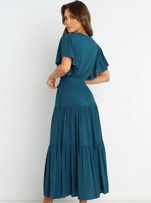 Elegant bindebånd i taljen ensfarvet lagdelt kjole 