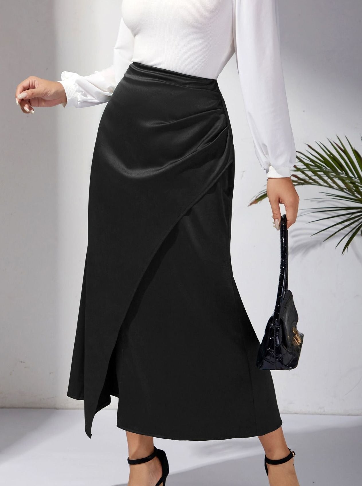 Casual Black Wrap Long Skirt