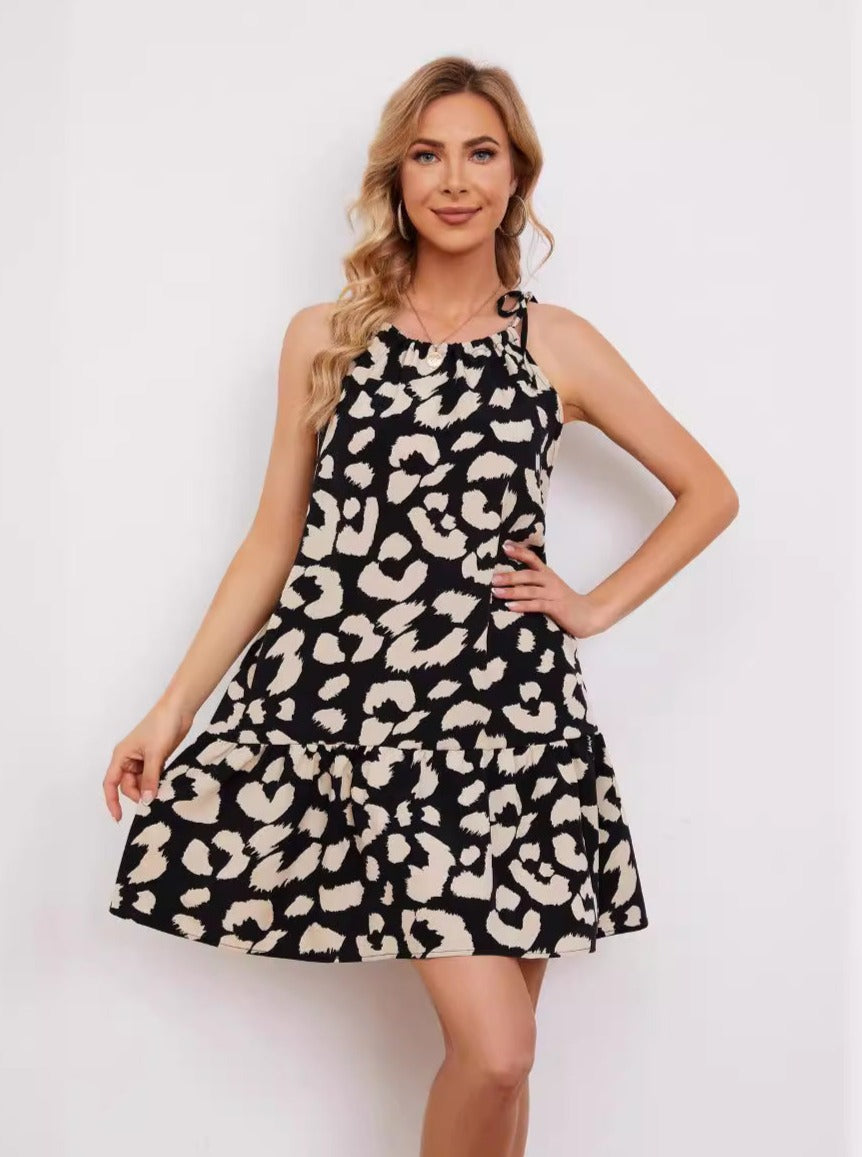 Casual Leopard Print Tie Waist Mini Dress