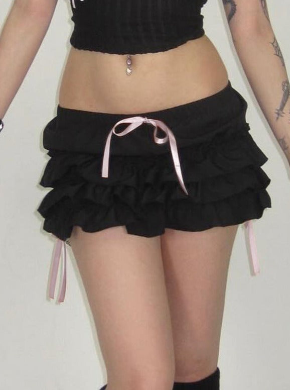 Black Low Waist Puffy Pleated Cake Skirt
