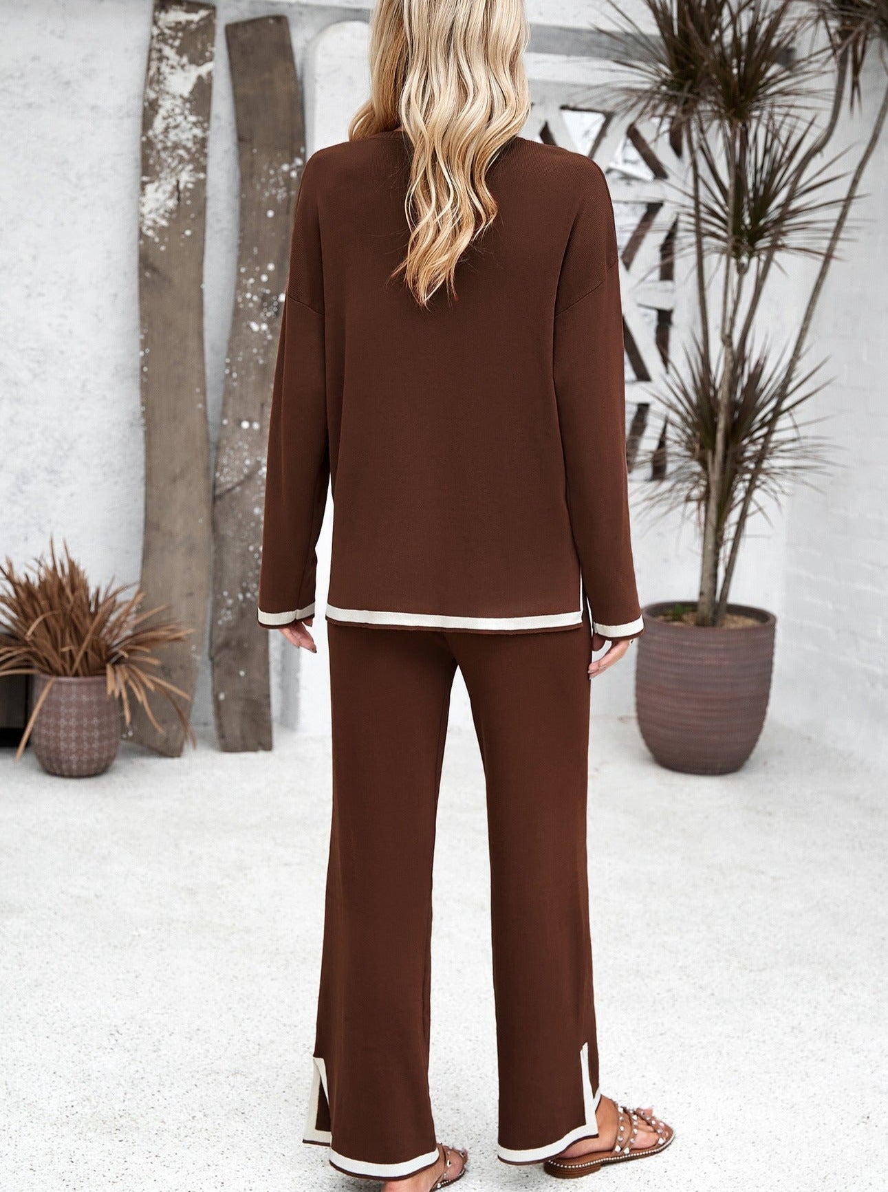 Brown Long-Sleeve Shirt and Small Slit Long Pants Knitted Suit