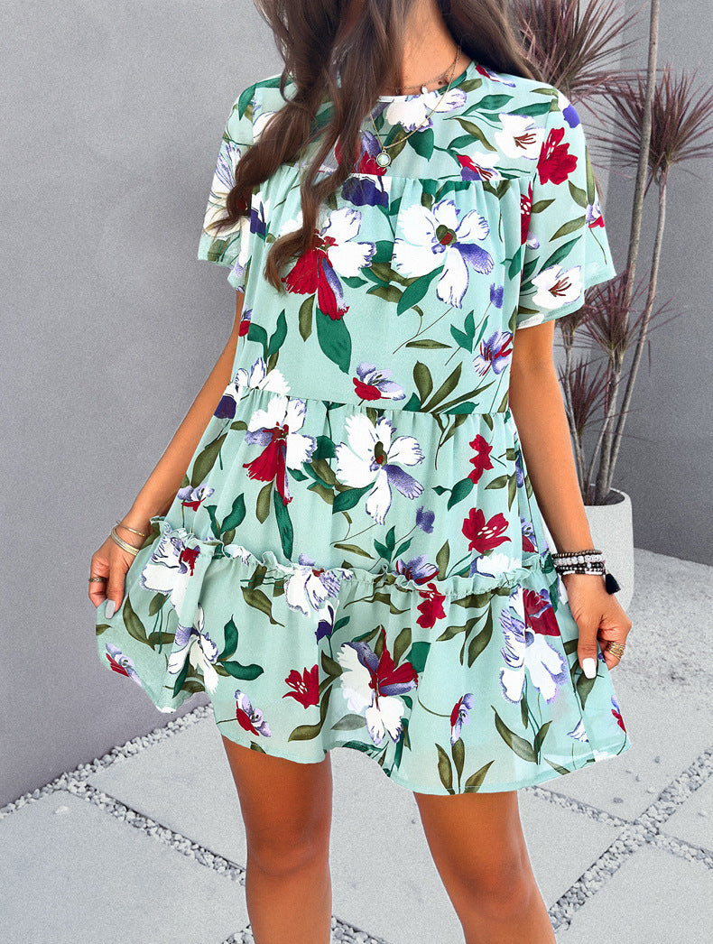 Green Leisure Vacation Printed Short-Sleeved Dress