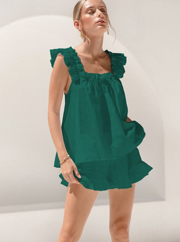 Temperament Solid Color Ruffled Sleeveless Suit