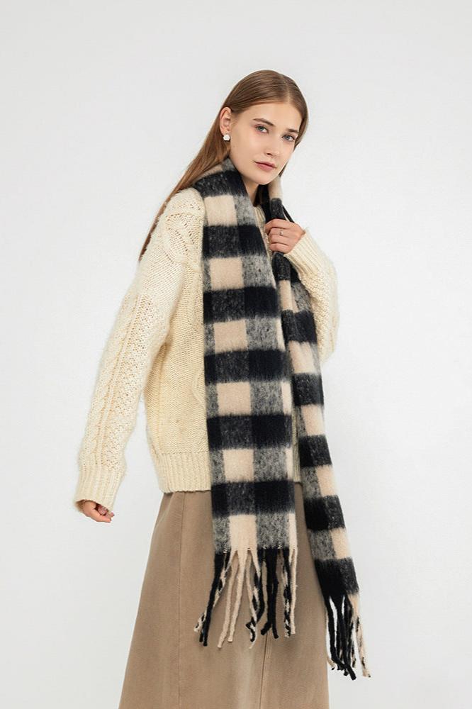 Versatile Long Thick Plaid Tassel Scarf