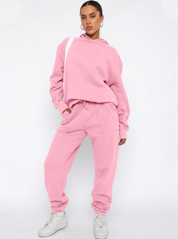 Casual Pink Hooded Long Sleeve Sweater and Trousers Set