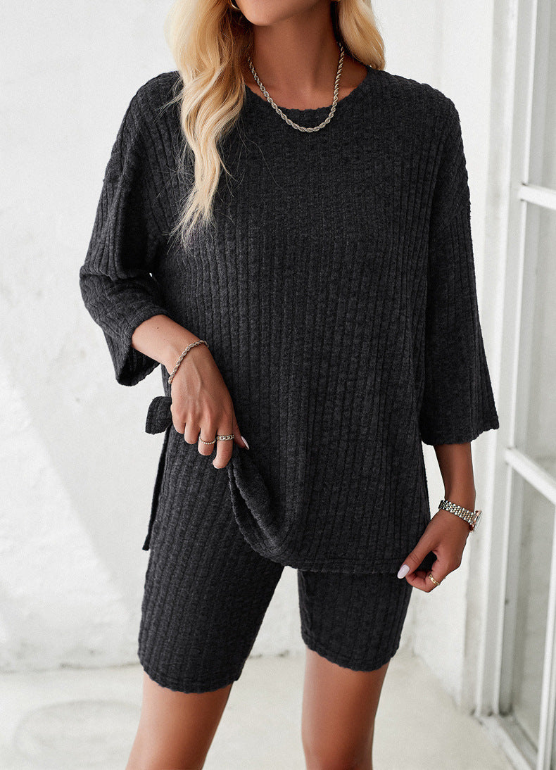 Long Sleeve Knitted Shirt and Shorts Set