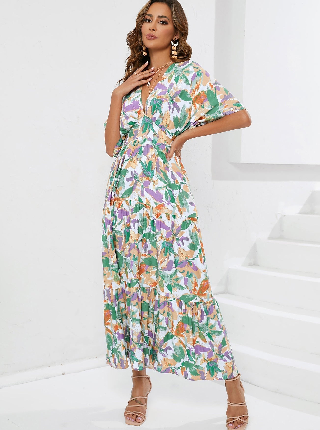 Deep V-Neck Floral Short Sleeve Midi Dress