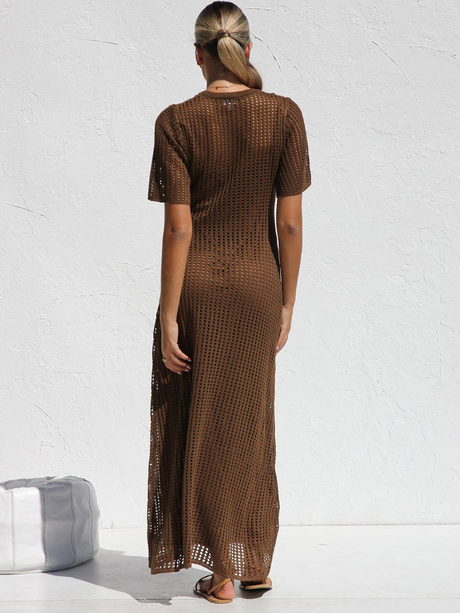 Brown Casual Round Neck Short Sleeve Hollow Mid-Length Dress