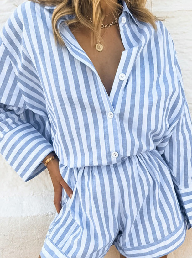 Blue Two Piece Stripes Casual Long Sleeve Shirt Shorts Set