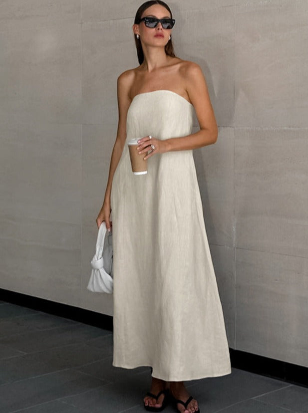 Beige Solid Color Tube Straight Dress