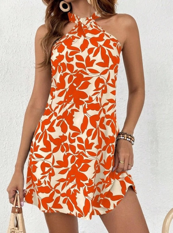 Tropical Print Halter Neck Sexy Dress