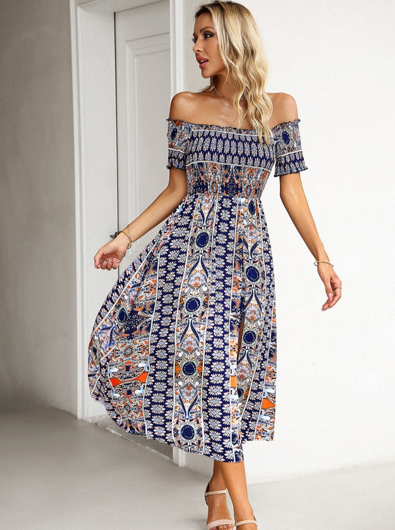 Blue Off Shoulder Bohemian Printed Dress