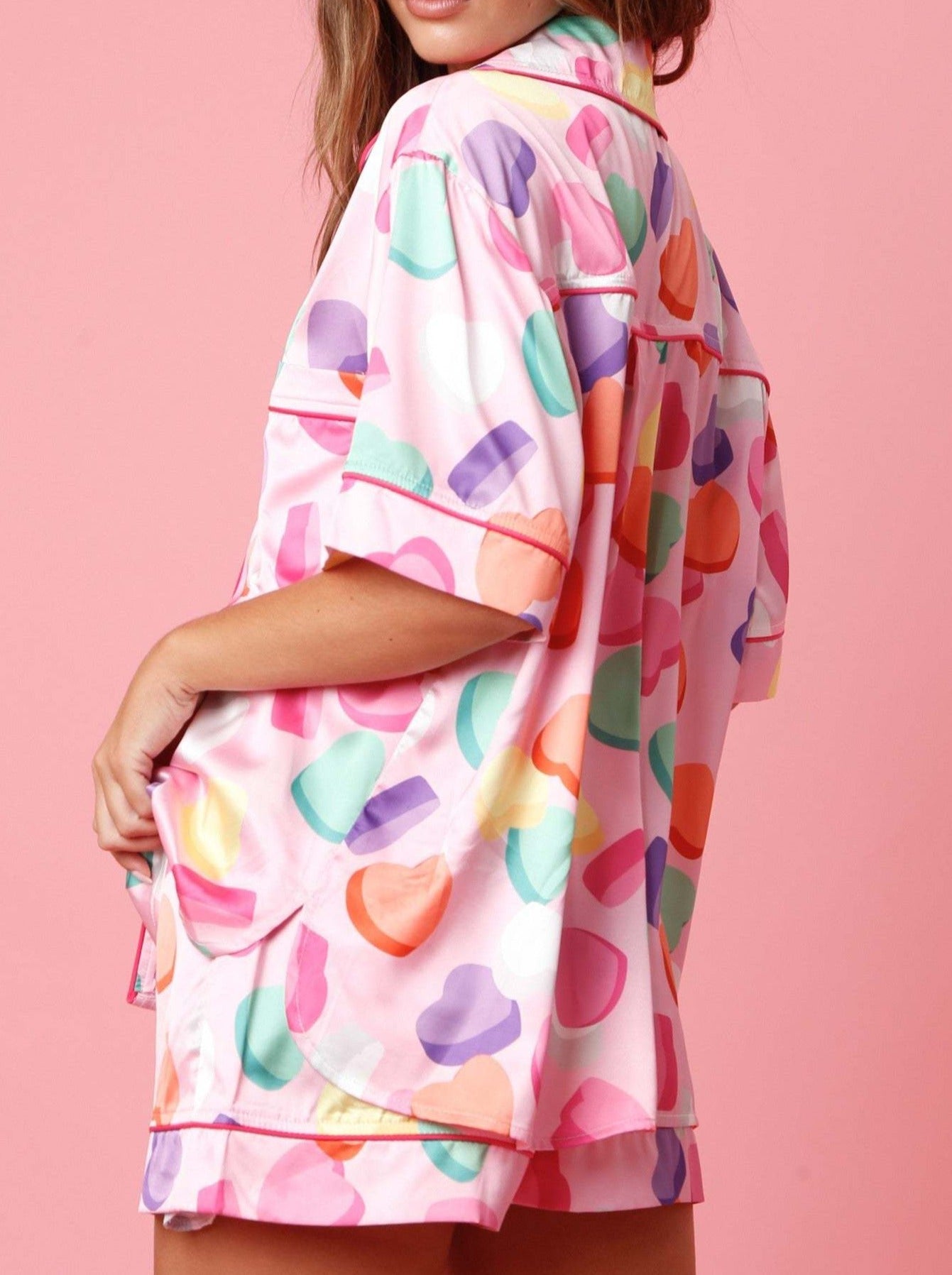 Pink Heart Two Piece Satin Button Down Women's Pajama Set