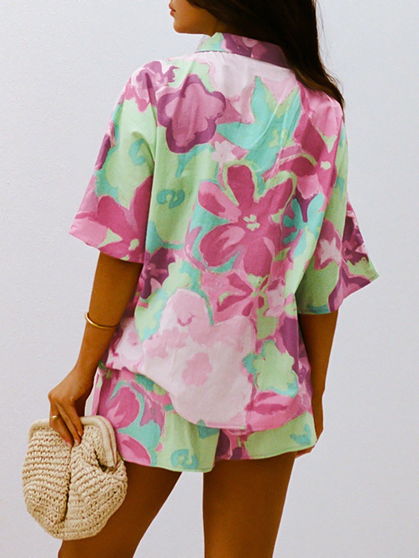 Floral Two Piece Short Sleeve Top Short Two Piece Set
