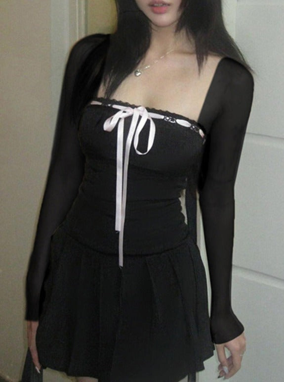Black Square Collar Elegant A-line Dress