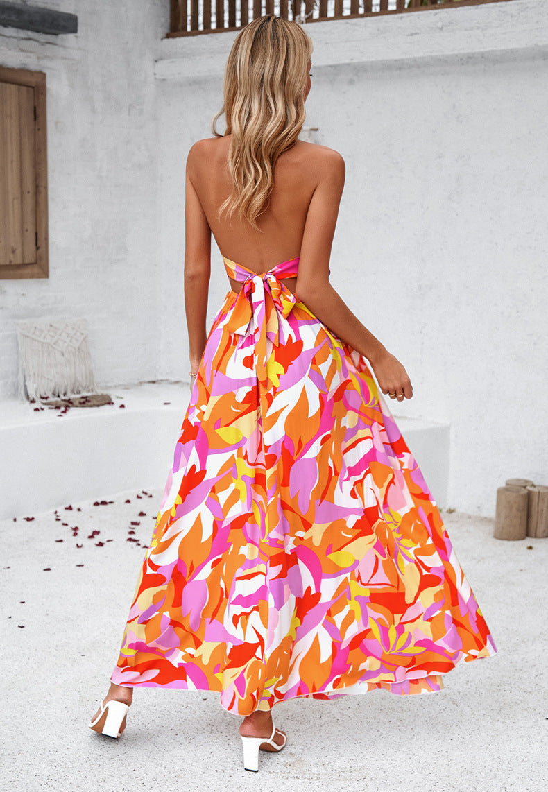 V-Neck Tie Back Printed Long Dress