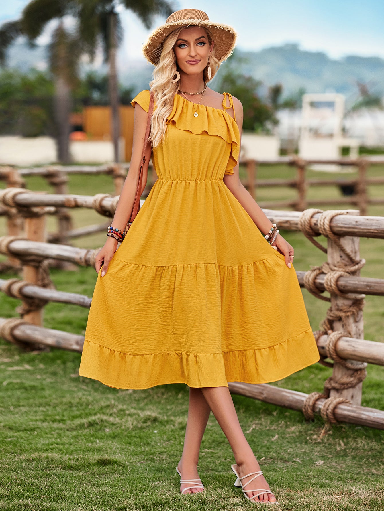 One Shoulder Solid Color Ruffled Layered Dress