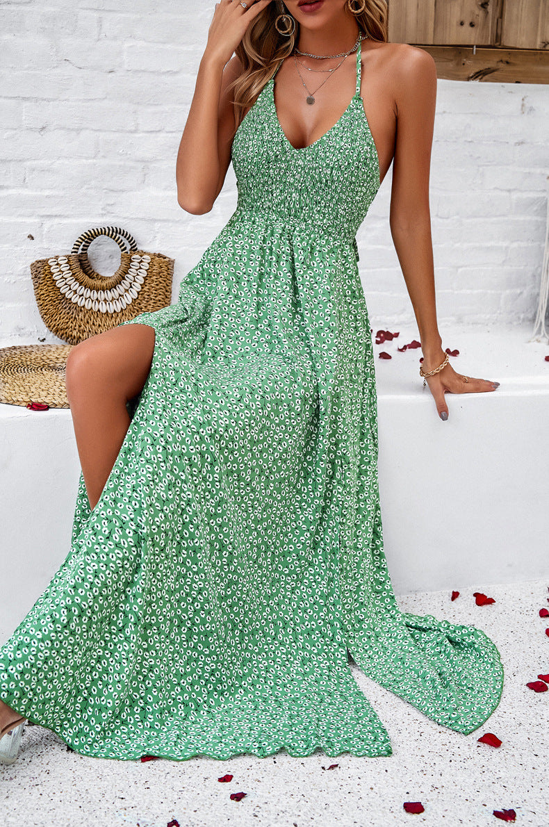 V-Neck Tie Back Printed Long Dress