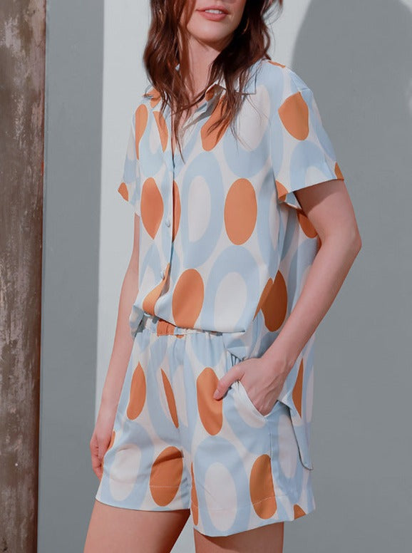 Casual Short Sleeved Polka Dots Printed Pajama Set