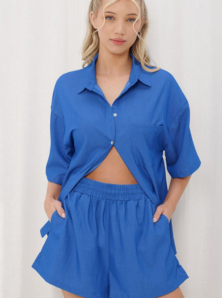 Blue Collared Button Shirt and Shorts Set