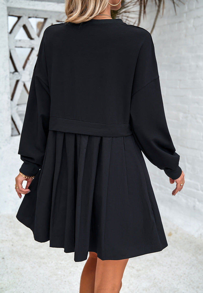 Round Neck Long Sleeve Pleated Dress