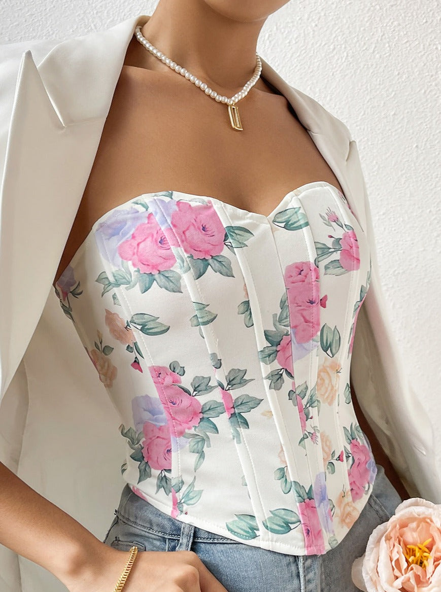 Sexy Low-Cut Pink Flower Wrapped Chest Fishbone Waist Top