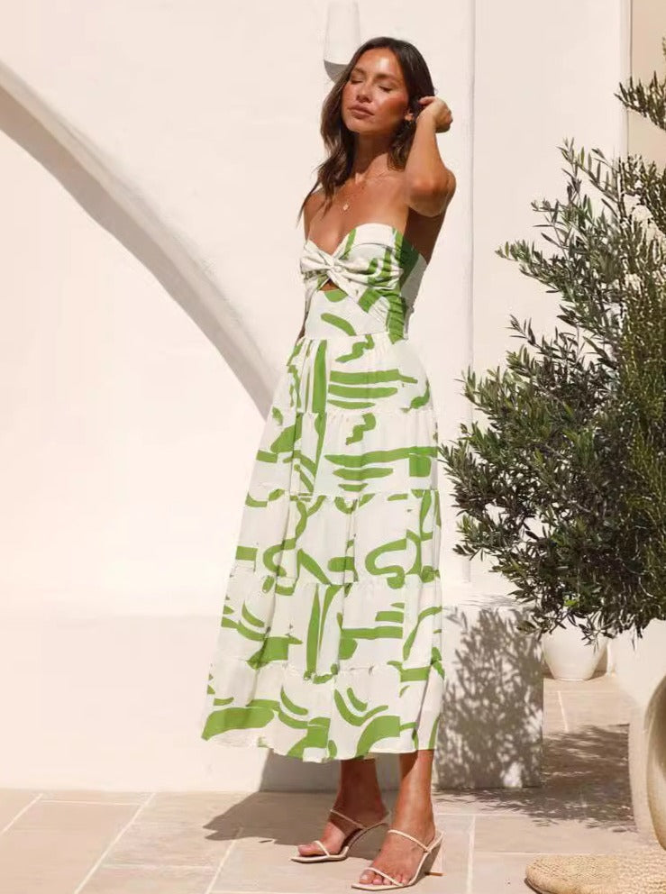 Floral Print Green Tube Midi Dress