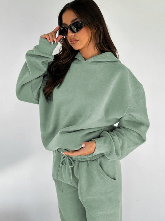 Casual Green Hooded Long Sleeve Sweater and Trousers Set