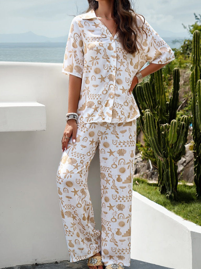 White Temperament Printed Short-Sleeved Suit