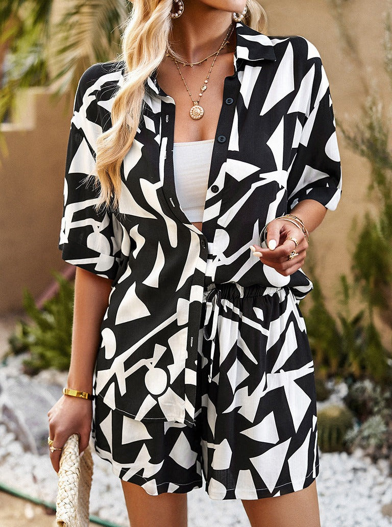 Two Piece Geometric Printed White and Black Shorts Set