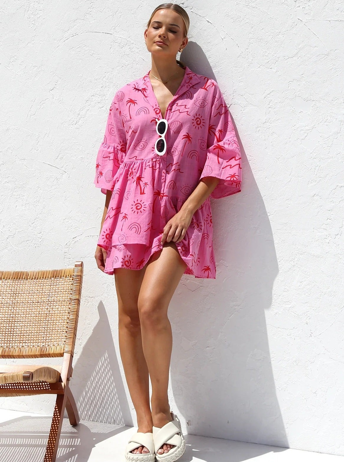 Simple Pink Ethnic Style Loose Shirt Short Dress