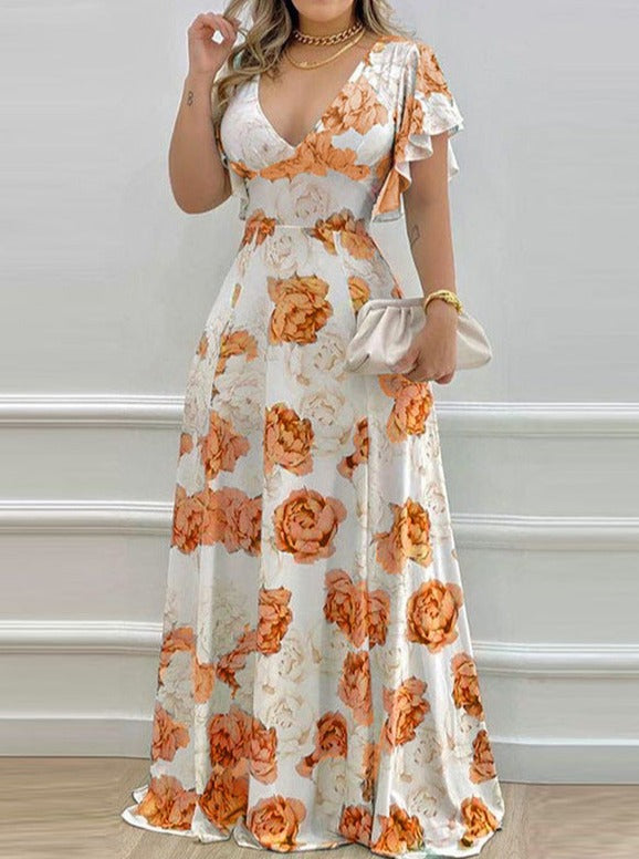 Floral V-Neck Waist Print Large Swing Dress