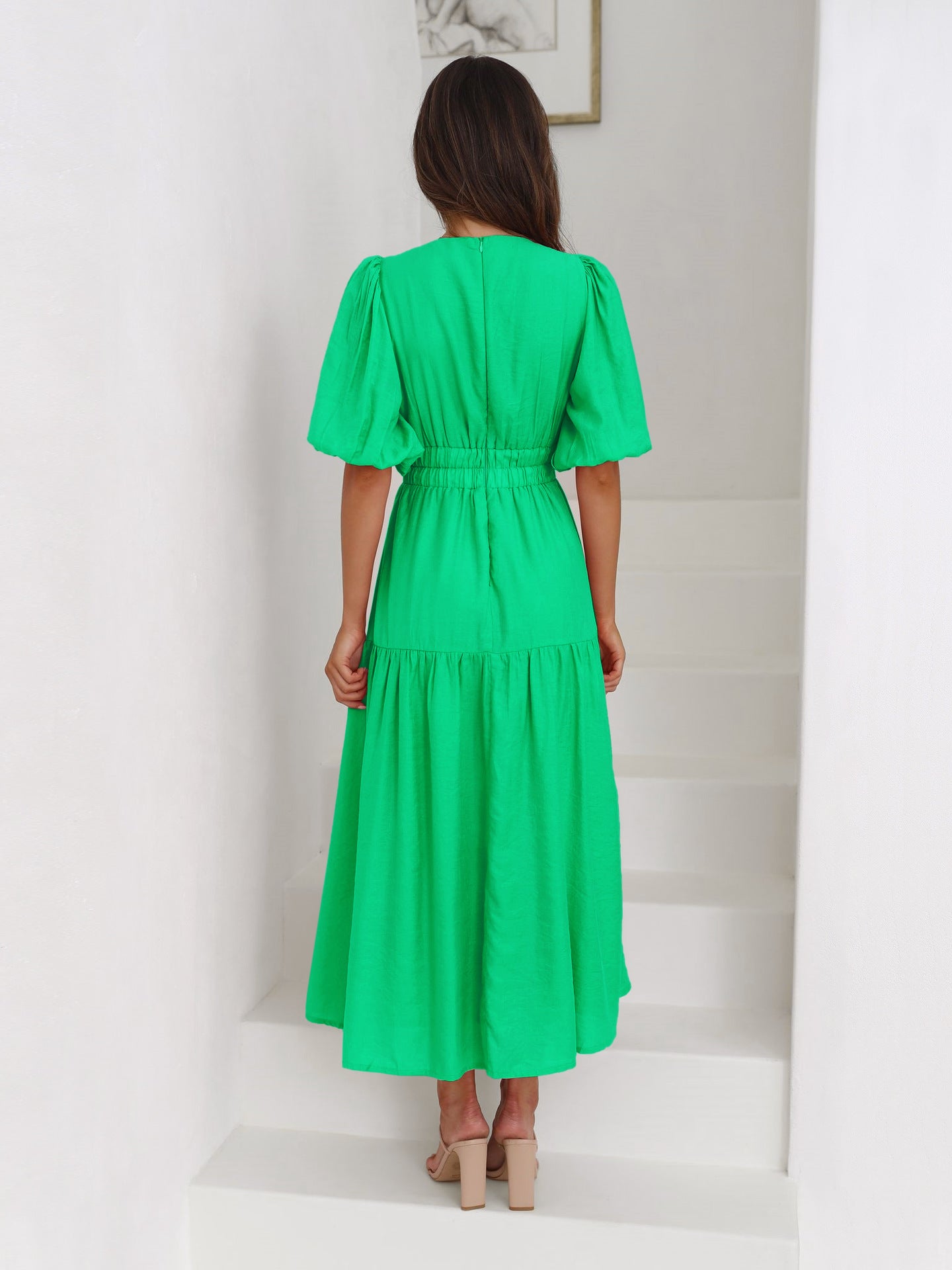 Green Deep V-Neck Puff Sleeve Layered Dress