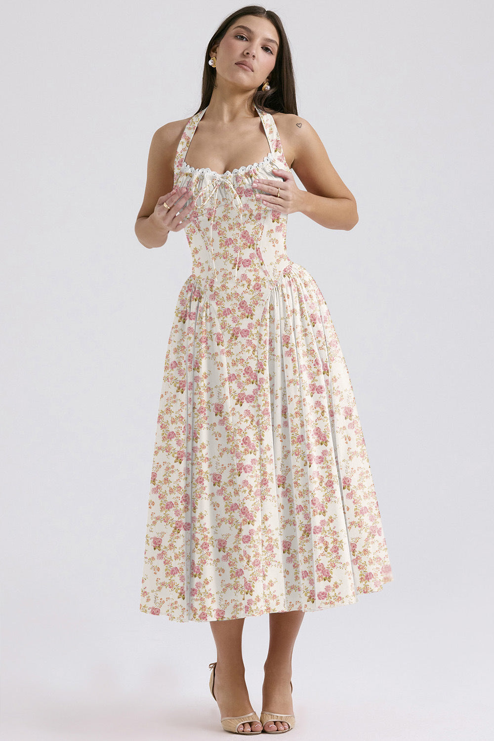 Halter Neck Laced Flared Maxi Dress