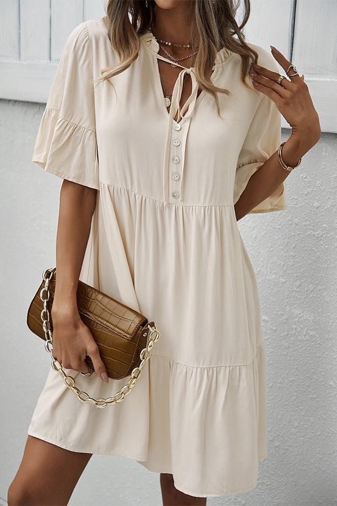 Sexy Frill V-Neck Drawstring Tie Smock Dress