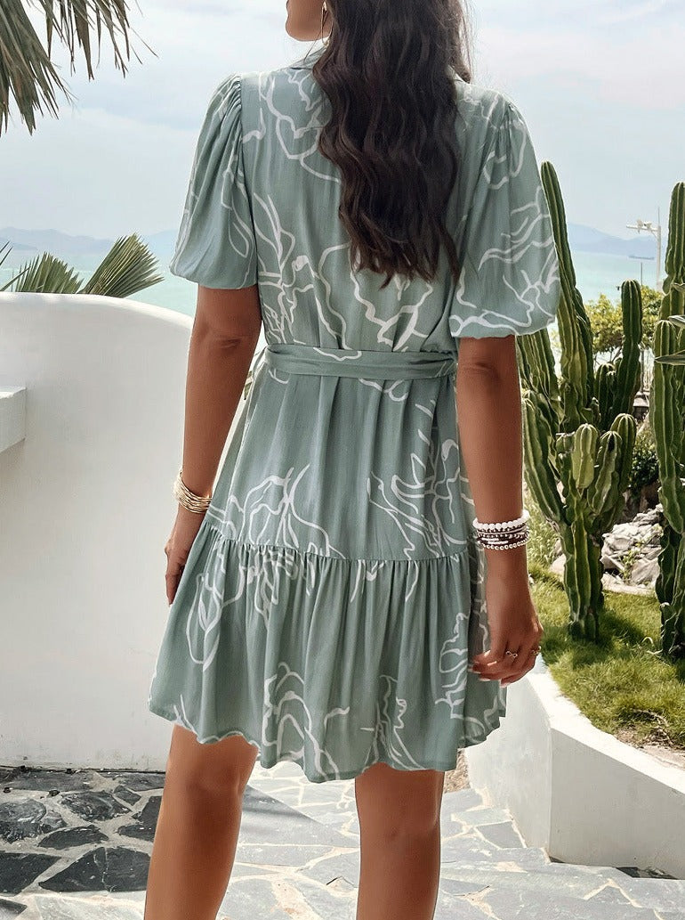 Gray Abstract V-Neck Short Sleeve Mini Dress