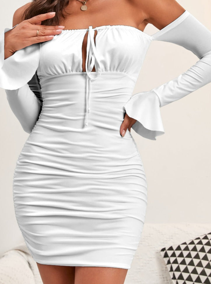 White Off Shoulder Lace-Up Long Sleeved Slim Hip Sexy Dress