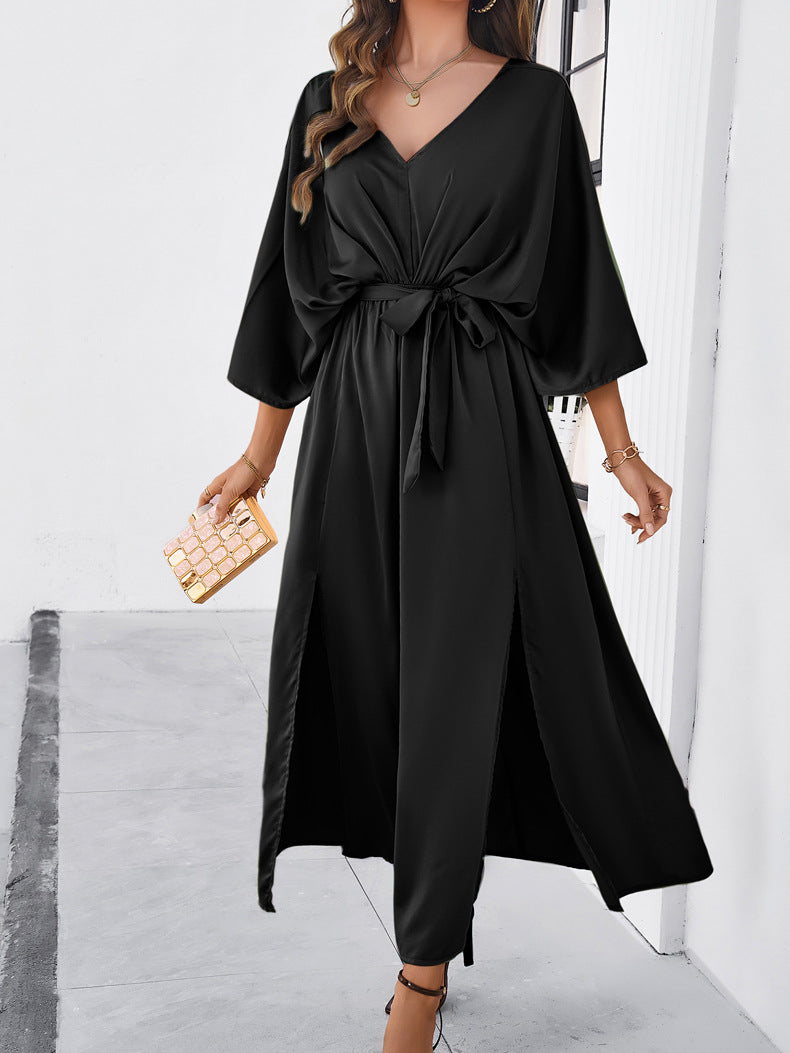 Black Elegant V-Neck Temperament Loose Dress