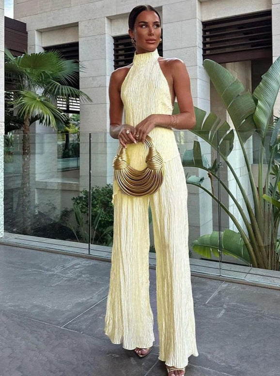Solid Color Halter Neck Backless Sleeveless Vest Trousers Suit