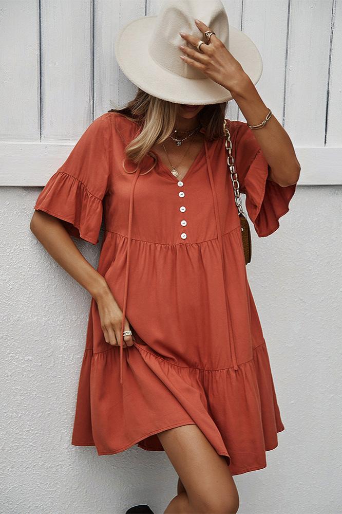 Sexy Frill V-Neck Drawstring Tie Smock Dress