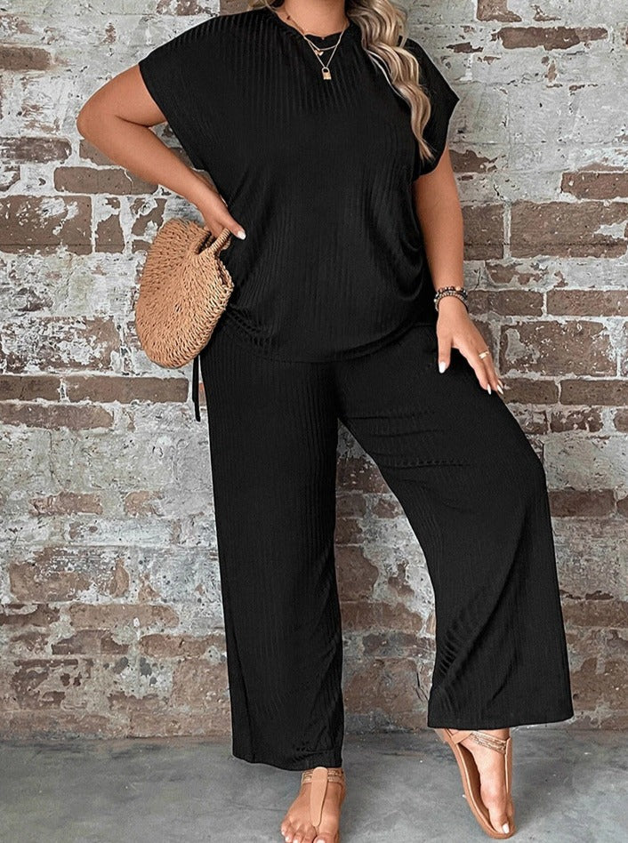 Two Piece Plus Size Short Sleeve Sexy Wide Leg Pants