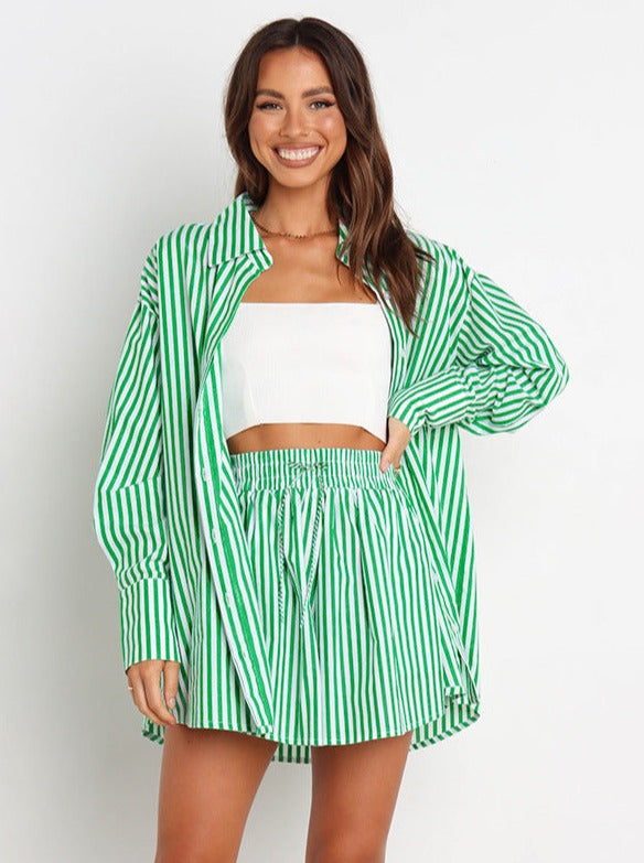 Green Striped Long Sleeves and Shorts Set
