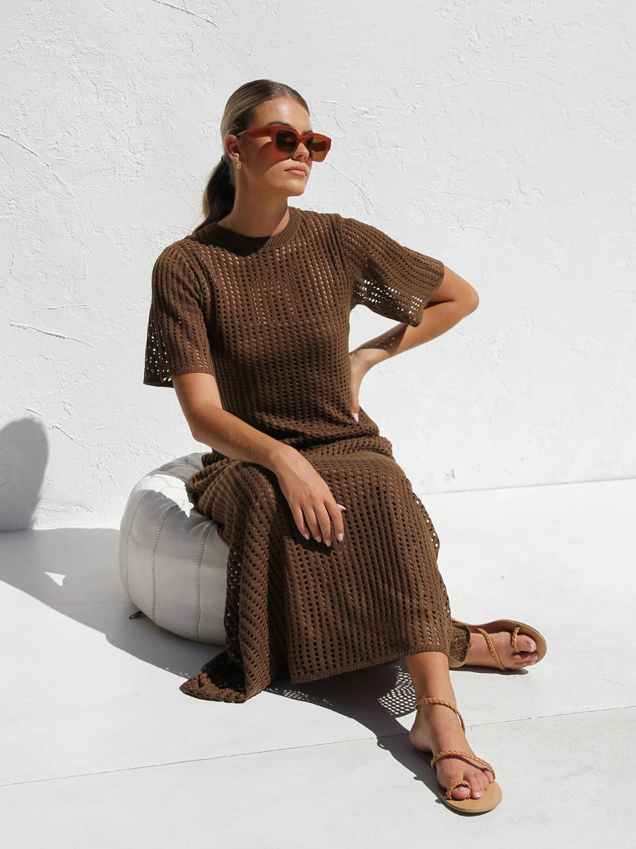 Brown Casual Round Neck Short Sleeve Hollow Mid-Length Dress