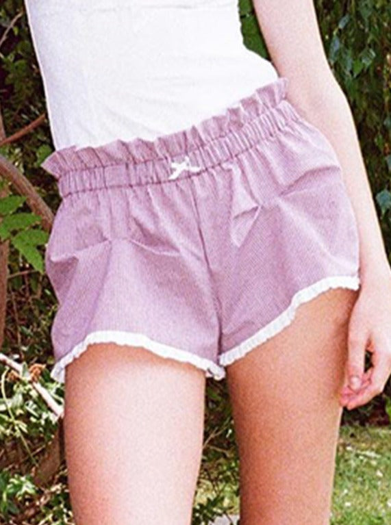 Pink Ruffled Plaid High Waist Shorts