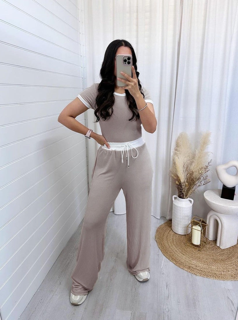 Casual Gray Two Piece Round Neck Short Sleeve Tops Wide Leg Pants Set